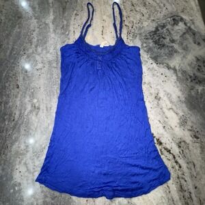 Y2K Small Camisole Tank Top Blue Lace Trim Spaghetti Strap Button